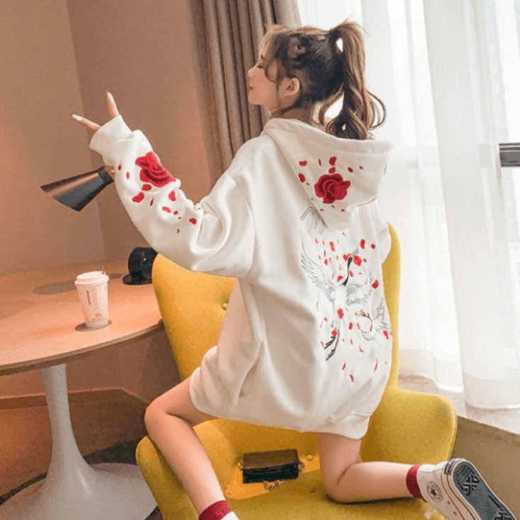 Snugglify - Majestic Cranes & Roses Oversized Hoodie