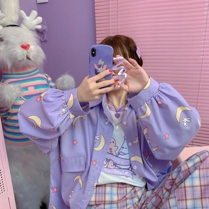 Snugglify - Moon & Bunny Button Up Long Sleeve Oversized Shirt