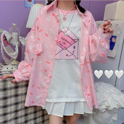 Snugglify - Strawberry Milk Button Up Long Sleeves Shirt